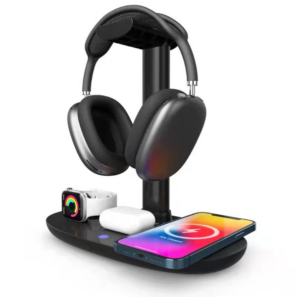 15W Fast Wireless Charger 4 in 1 Qi Charging Dock Station with Headset Earphone Headphone Stand For iPhone 13 12 Pro Apple Watch SE Mag Safe