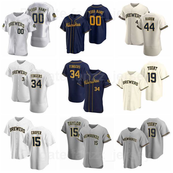 Man Woman Youth Baseball 34 Rollie Fingers Jerseys 19 Robin Yount 4 Paul Molitor 44 Hank Aaron 15 Cecil Cooper Flexbase Cool Base Color Navy