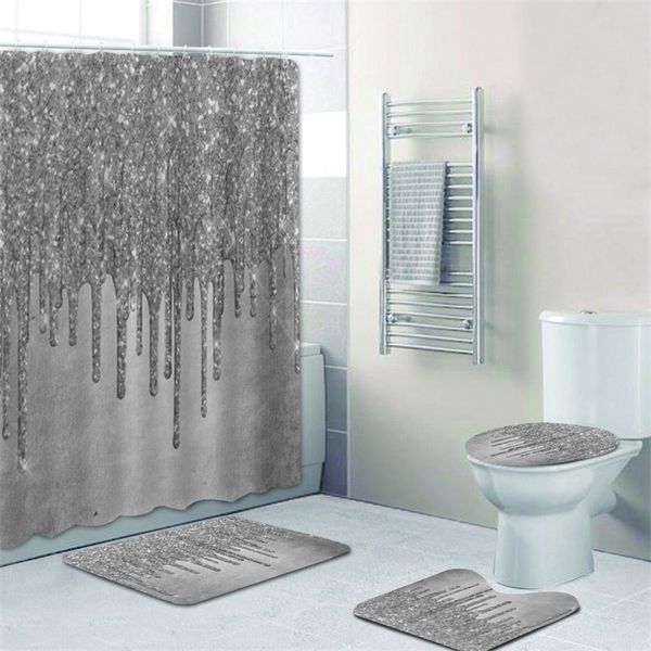 Trendy Grey Silver Faux Metallic Ice Sparkle Drip Bathroom Shower Curtain Set for Glitter Drizzle Bath Rugs Home Decor 220429