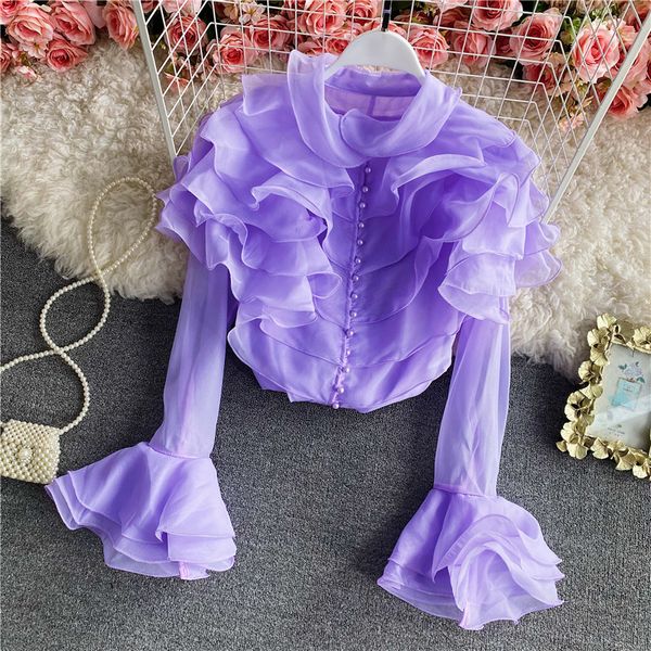 Women Shirt 2024 Spring Autumn French Palace Style Ladies Super Fairy Layered Ruffled Organza Flared Sleeve Blouses