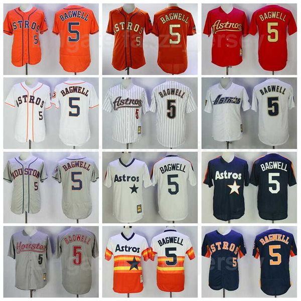 Men Baseball Vintage 5 Jeff Bagwell Jerseys Retire All Stitched Pullover Pinstripe Cooperstown Navy Blue Orange White Grey Flexbase Cool Bas