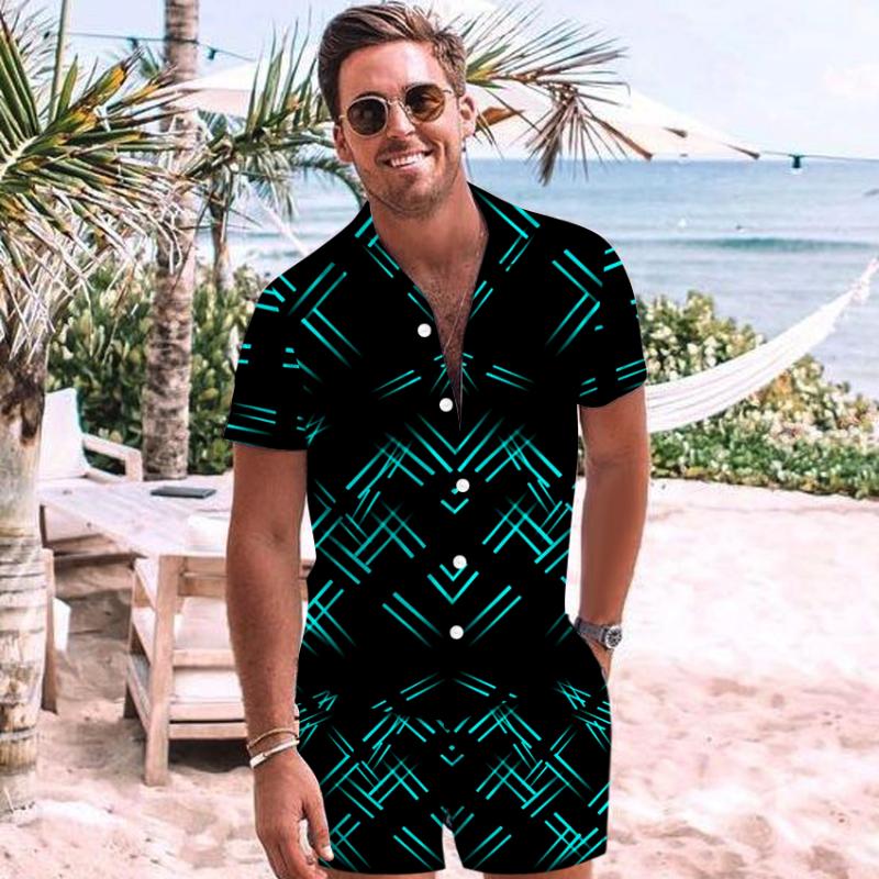 Men&#039;s Tracksuits Summer Men&#39;s Social Shirts Shorts Sets Casual Turn-Down Collar Hawaiian Shirt Suit Line Printing Camisas Chemise Homme