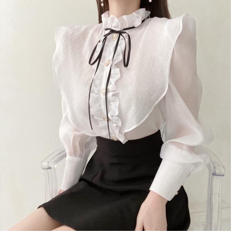 Women&#039;s Blouses & Shirts Elegant Women Chiffon Blouse Solid Ruffles White Shirt Bow Tie Long-sleeved Office Lady Tops Blusa FemininaWomen&#039;