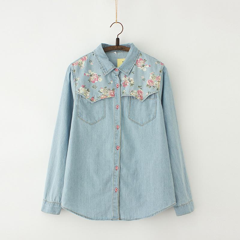 Women&#039;s Blouses & Shirts Autumn Denim Blouse Plus Size 4XL Women Loose Tops Flower Print Patchwork Jeans Long Sleeve Vintage Blusas AB327Wom