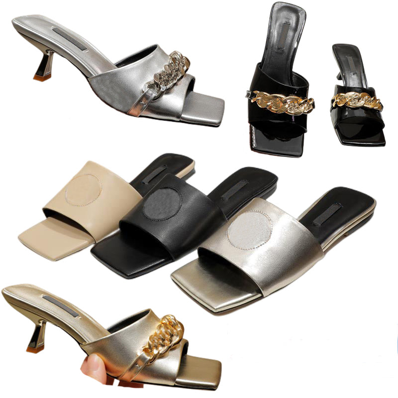 Designers Luxury Womens Genuine Leather Slippers Classic beauty head sandals Fashion gold chain Summer Top quality Women Sandal Size 35-42 Whole set