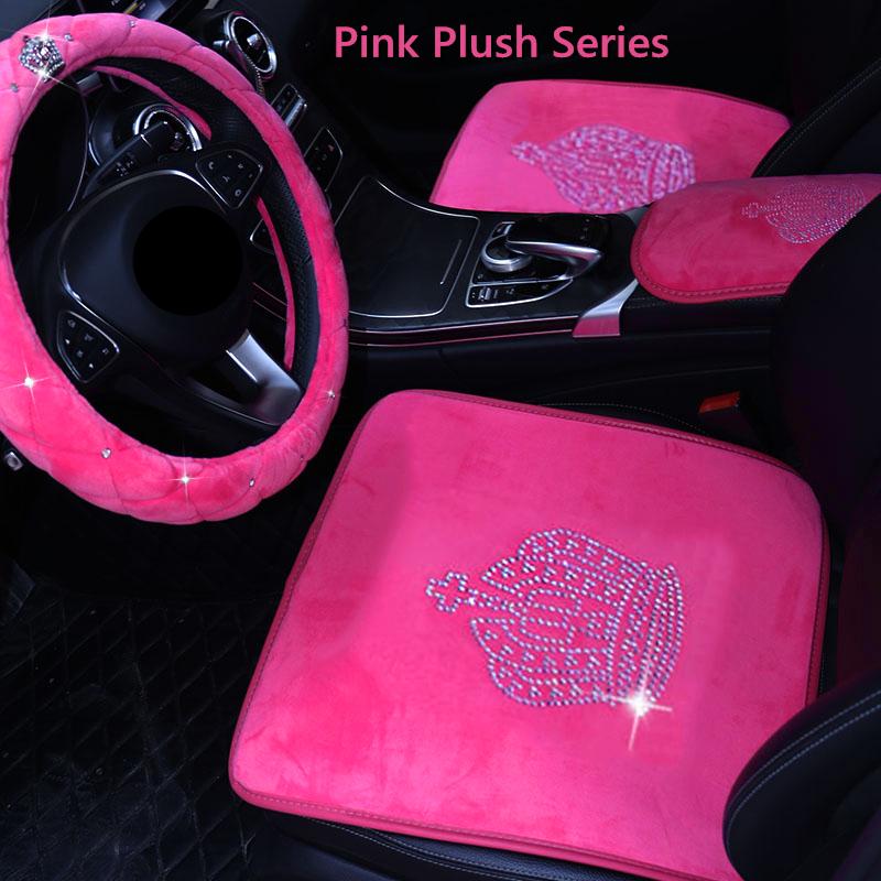 Car Seat Covers Pink Bling Accessories Interior Set For Women Girls Glitter Plush Warm Automotive Cushion Crystal Crown DecoCar