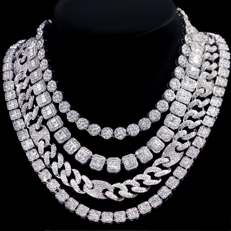 Chains Geometric Women Men HipHop Crystal Tennis Chain Necklace Bling Iced Out Silver Color Round Square Heart Cuba Link Choker JewelryChain