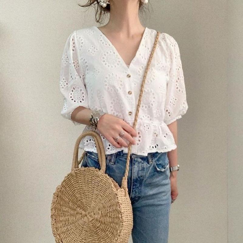 Women&#039;s Blouses & Shirts Blouse White V-neck Lace Crocheted Hollow Five-point Sleeve Button-up Shirt Top 2022 Summer Korean Style Female Clo