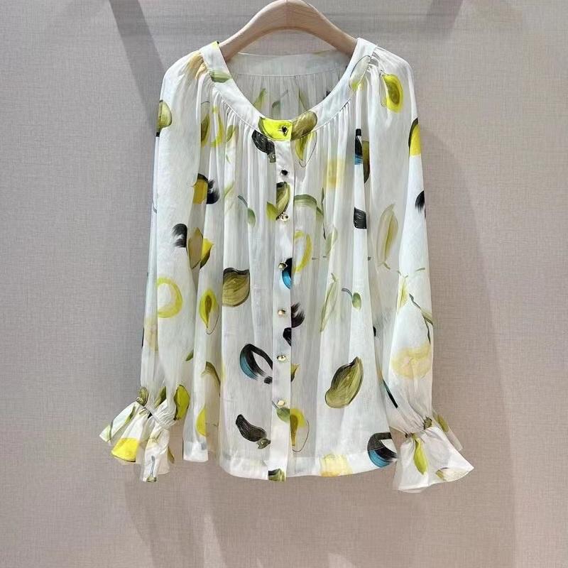 Women&#039;s Blouses & Shirts High Quality Designer 2022 Spring Summer Tops Women Tropical Prints Flare Sleeve Casual Silk Linen Blouse LadiesWom
