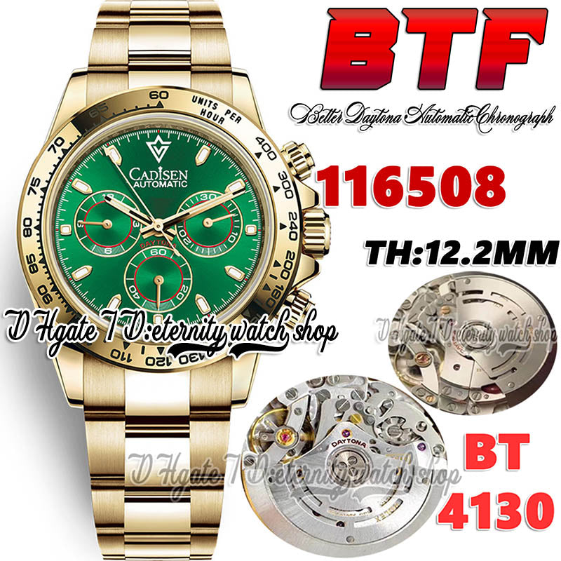 BTF Better Factory bt116508 Mens Watch Cal.4130 SA4130 Chronograph Automatic TH 12.2mm Green Dial Stick Markers 904L Oystersteel 18K Gold Bracelet E