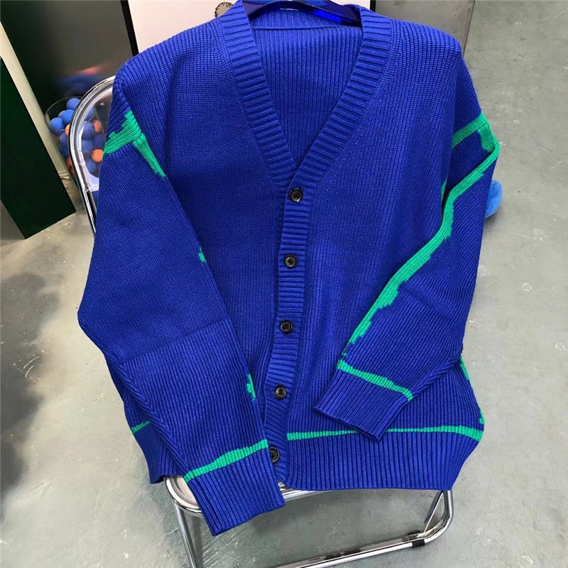Blue Cardigan Sweater Men Women 1 Best-Quality Patchwork Knitting V Neck Sweatshirts