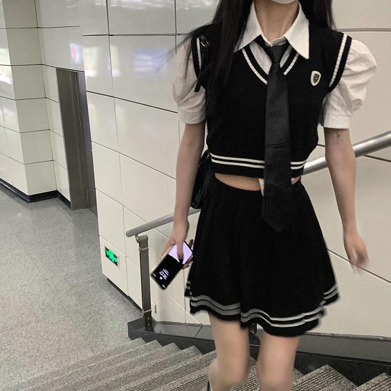 Clothing Sets Japanese School Uniform Gyaru College Style Korean Students JK Girl Puff Sleeve White Shirt Knitted Vest Summer SetsClothing