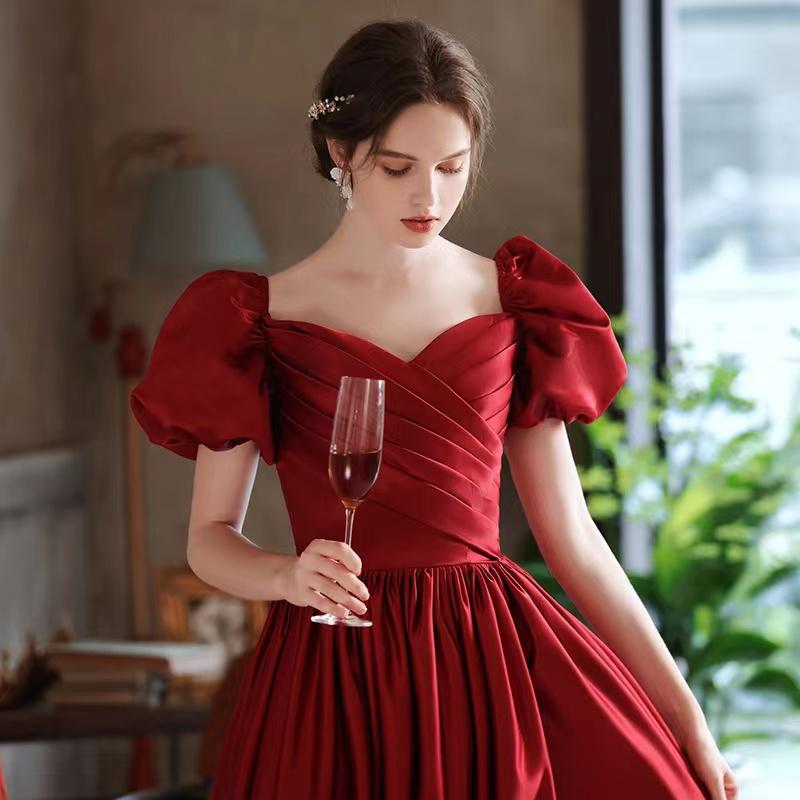 Runway Dresses Elegant Wine Red Celebrity Women Retro Royal Style Pleated Square Collar Back Bandage Puff Sleeve Princess Prom Gown