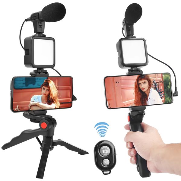 Portable LED Selfie Light Mic Set Black Camera Smartphone Mobile Phone Microphone Live Volg YouTube TikTok Photography Kit