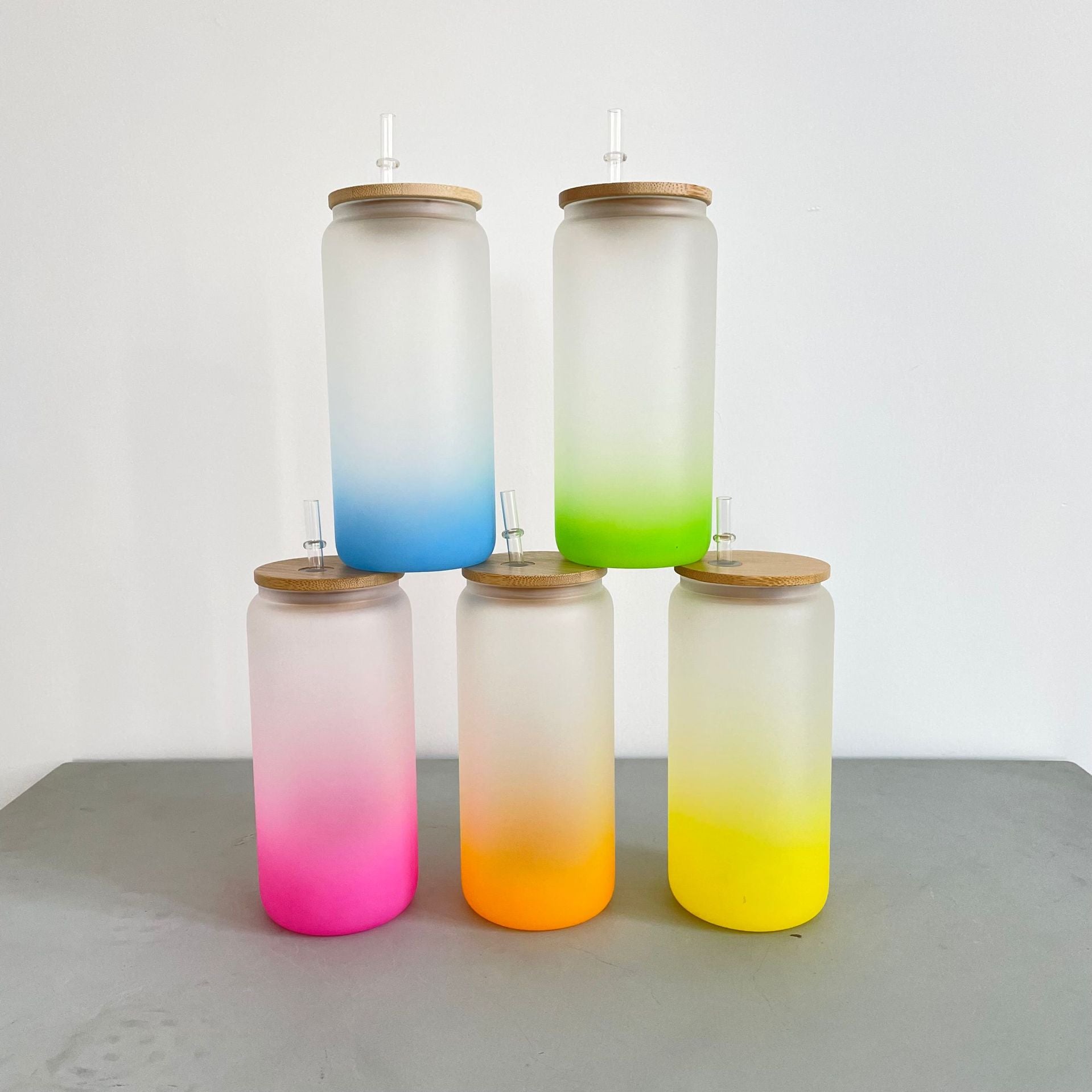 16oz Sublimation Blanks Mug Jar Wide Mouth Glass Cups Tumbler Cans Beer Coffee Water Bottle Frosted Gradient Color Glasses With Bamboo Lids & Straws