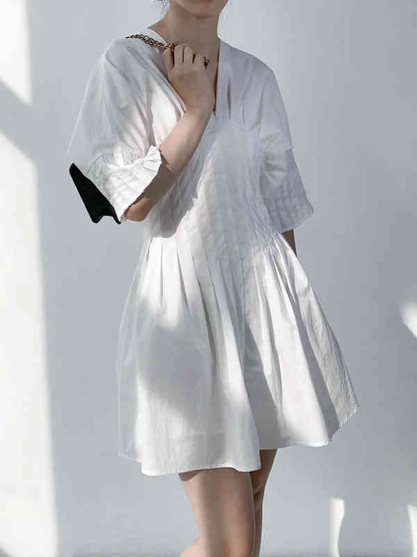 Casual Dresses Eoseeny Original Designer Pleated V Neck Long Sleeve Midi Swing Dress Brand Spring And Summer Arrive Top A1RH