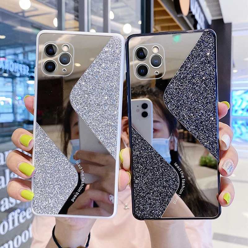 Luxury Bling Glitter Phone Case For iPhone 13 12 Pro Max 11 SE 2020 7 8 Plus 6 Sequin Geometric Makeup Mirror Cover Women