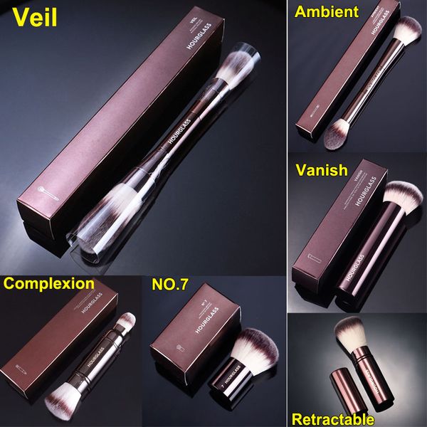 Double Ended Foundation Blush Brush Set - Synthetic Hair, Brown Handle, Retractable Highlighter, Makeup Blender Tools