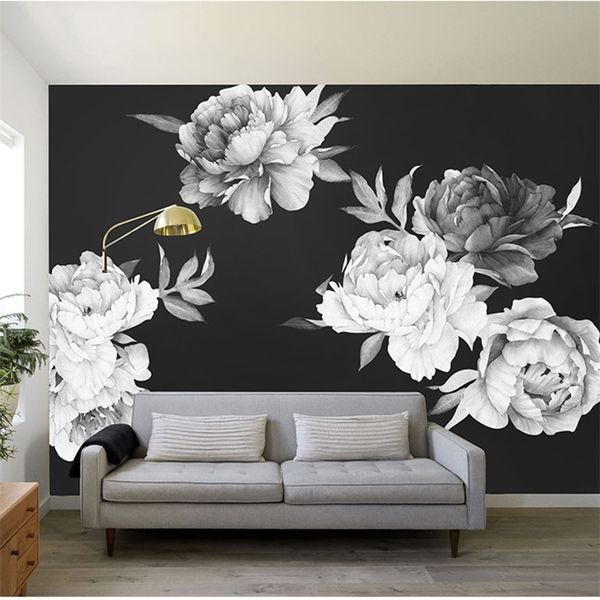 Black And White Watercolor Peony Rose Flowers Wall Sticker Home Decor Living Room Kids Room Wall Decal Flowers Decoration 220523