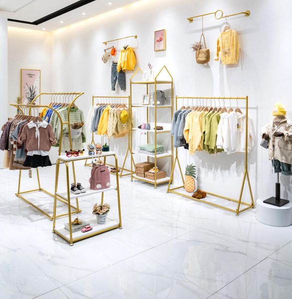Children's clothing store display shelf Bedroom Furniture floor type golden shelfs baby clothes hanger clothing shop racks kids cloth r