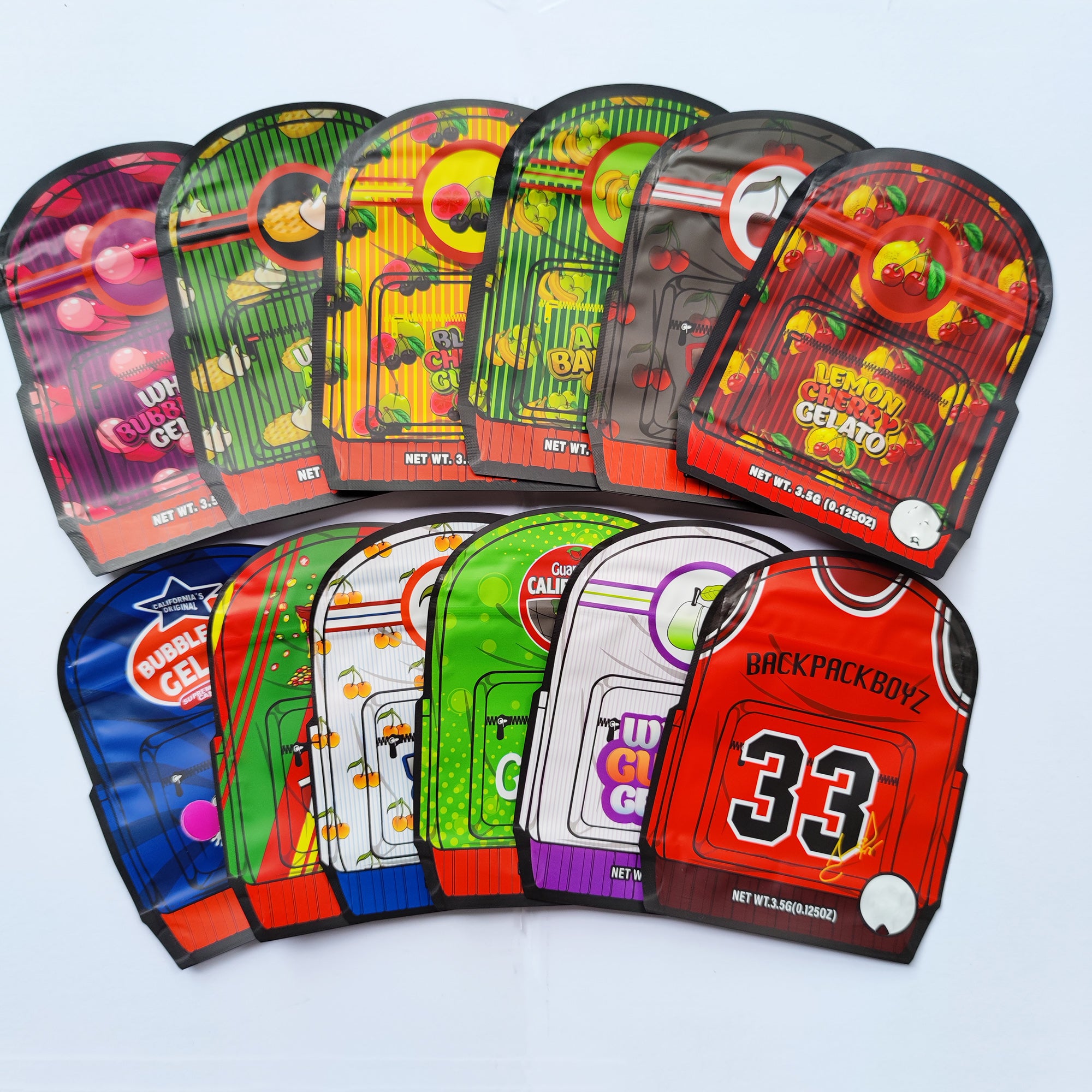 New Irregular unique shape bag 3.5g Edibles packaging backpack boyz diecut black lemon cherry white blue guaua bubblegum guarana california gelato f