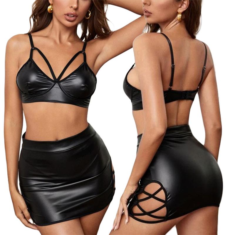Two Piece Dress Thorn Tree Black PU Leather 2PCS Women Suits Sleeveless Strap V-neck Tube Tops Cropped High Waist Hollow Out Pencil Skirts