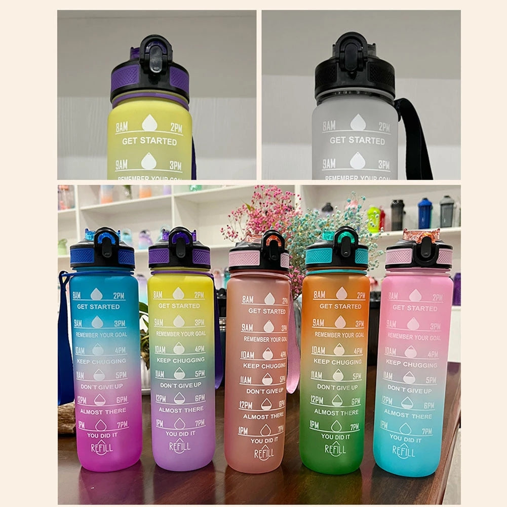 32OZ Sports Bottle Time Marker 1000ml Frosted Water Bottle with Flip Top Lid Gradient Color Outdoor Space Cups