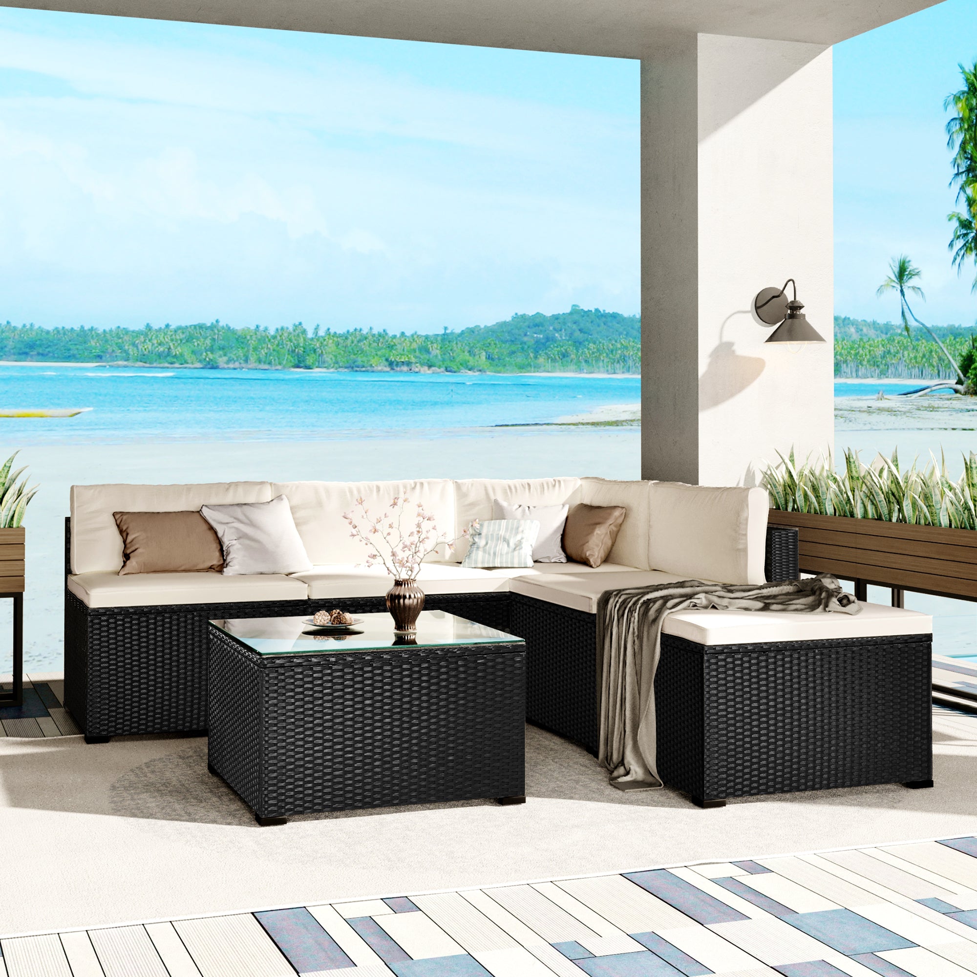 6 Piece Outdoor Furniture Set with PE Rattan Patio Garden Modular Sofa Chair Removable Cushion