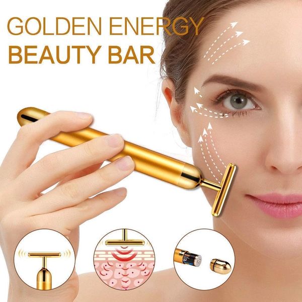 Beauty Bar 24k Golden Pulse Energy Facial Massager T Shape Electric Face Massager for Pull Tight Firming Lift Daily Skin Care Gold