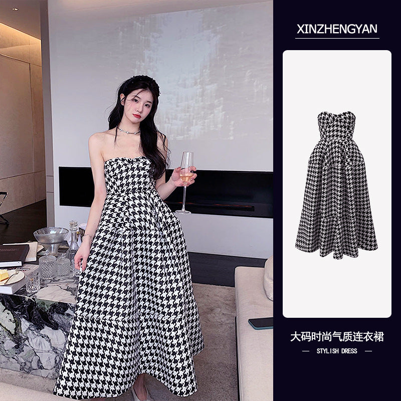 Women Clothing Tube Top Dress 2022 French Advanced Houndstooth Casual Fashion High Waist Baggy Vintage Long Skirt Ladies Summer