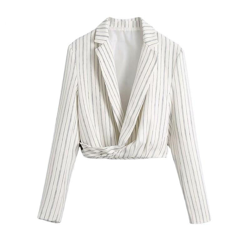 Women&#039;s Suits & Blazers Women White Striped Cropped Blazer 2022 Elegant Chic Short Jacket Ladies Coat Outerwear
