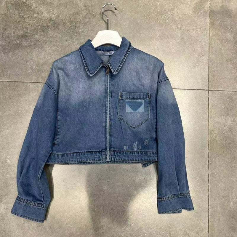 Woman Denim Coat Vintage Crop Jacket for Women Girls Loose Outerwear Crew Neck Long Sleeve Zippered Jean Jackets Ladies Chic Top Female Veste Femme