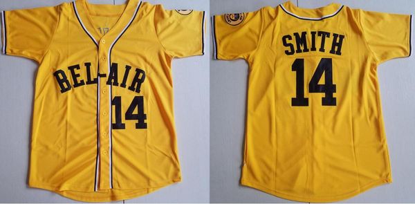 Men Moive Bel-Air Academy 14 Will Smith Baseball Jersey The Fresh Prince of Bel Air Team Color Yellow All Stitched Uniform Hip Hop For Sport