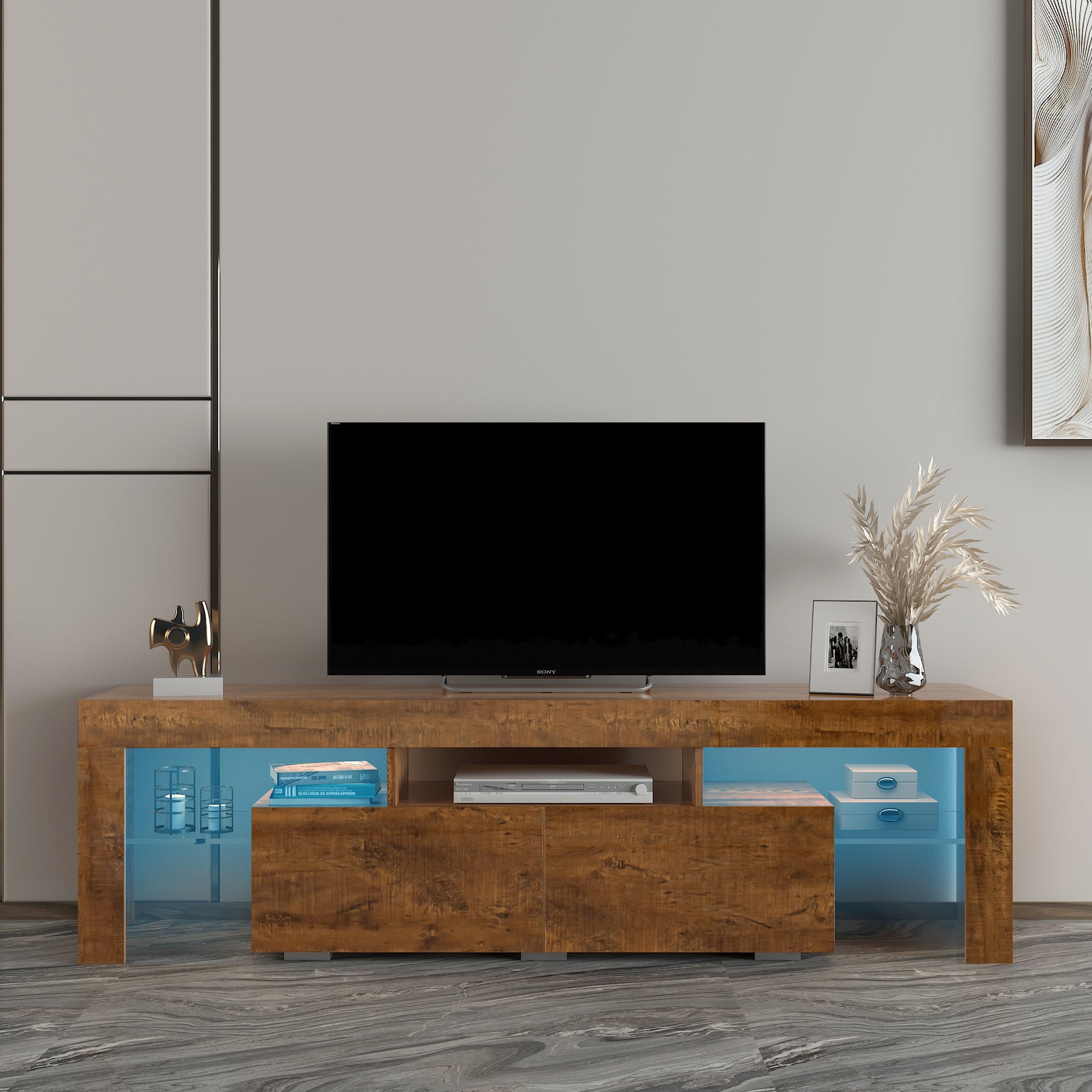 Living Room Furniture TV Stand Cabinet Walnet Solid Wood Legs Support Big Storage Space