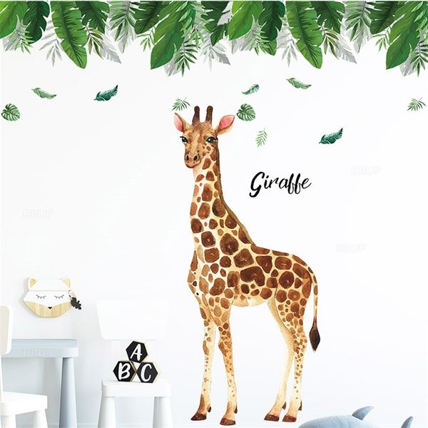 Hand Draw Painted 150cm Tall Large Giraffe Green Leaves Wall Stickers for Living Room Bedroom Murals Home Decor Removable Decals 220607