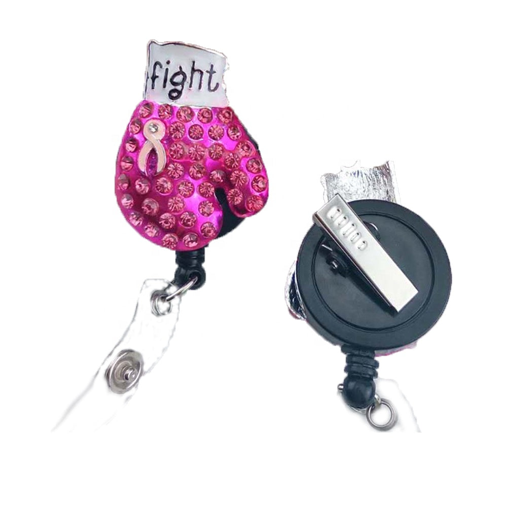 50PCS- Breast Cancer Awareness Pink Ribbon Rhinestone Boxing Gloves Shape Nurse Medical Retractable ID Badge Reel Holder For Gift