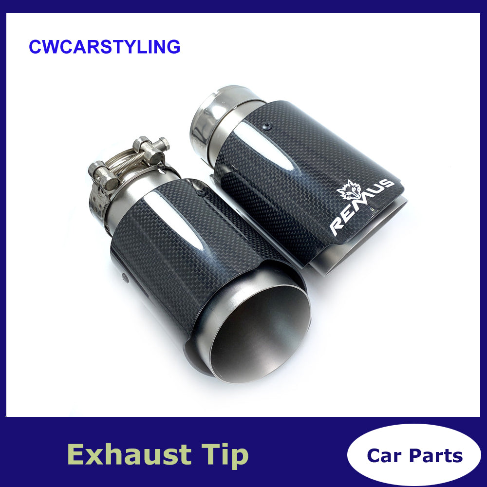 Car Universal Sandblasting Stainless Steel Single Exhaust Pipe Full Glossy Carbon Remus Logo Black Cover Muffler Tip For Merc