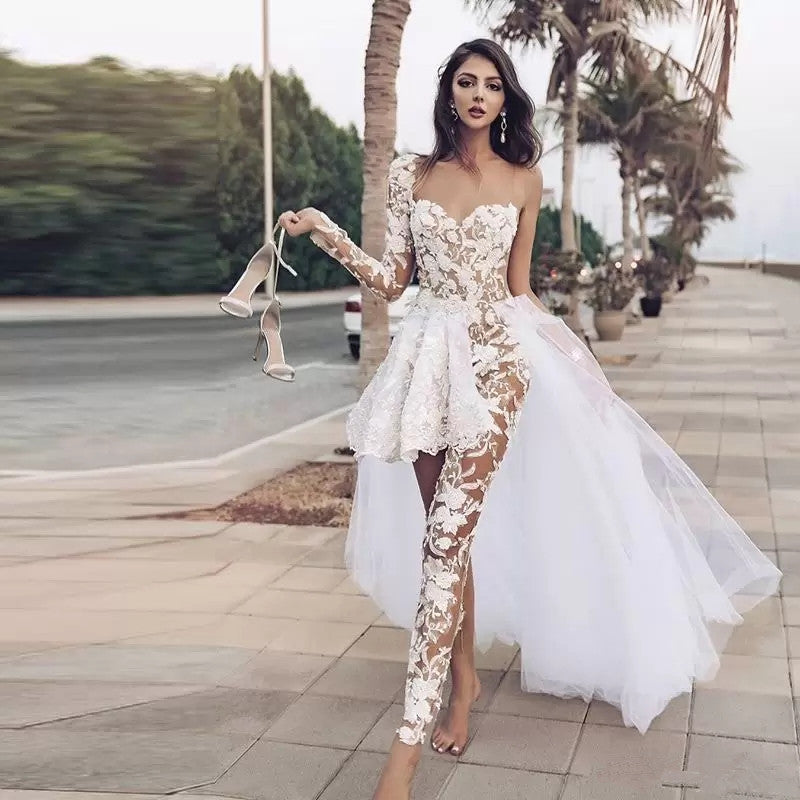 New Jumpsuits Wedding Gown Dresses With Overskirt One Shoulder Long Sleeve Lace Ankle Length Beach Bridal Gowns robe de mariee
