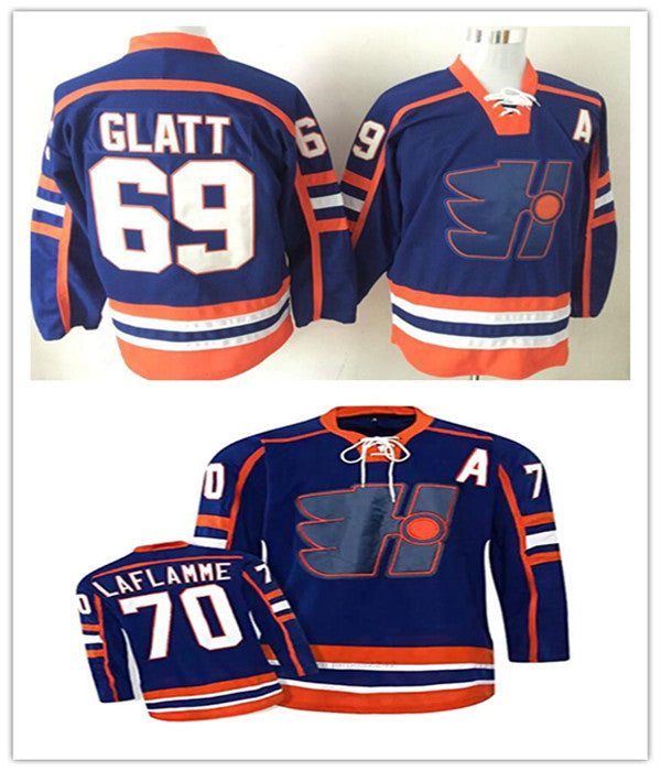 Men Movie Hockey Goon Doug The Thug Glatt Jersey Halifax Highlanders #69 Xavier LaFlamme #70 Team Blue Uniforms Stitched S-3XL
