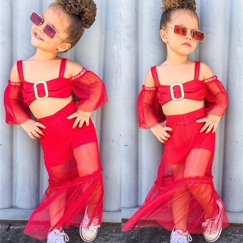 1 6Y Fashion Toddler Baby Girls Summer Clothes Kids Lace Off Shoulder Mesh Tube Tops Maxi Skirts Children Tracksuit Outfit Sets 220620