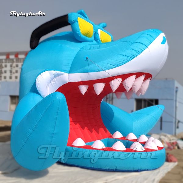wholesale Outdoor Large Inflatable Shark DJ Booth Cartoon Sea Animal Balloon 5m Airblown Blue Shark Tent With Sunglasses For Park And Swimmi