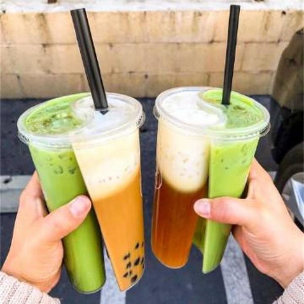 10Pcs 700ml Disposable Plastic Cups with Lids Double Grid Thicken Couple Sharing Drinking Cup for Bubble Tea Boba Smoothie
