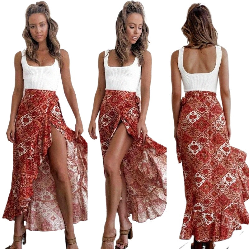 skirts Goocheer Fashion Ladies Boho Chic Ruffles Women&#039;s High Waist Floral Split Bandage Jersey Gypsy Sarong Skirt b40W#