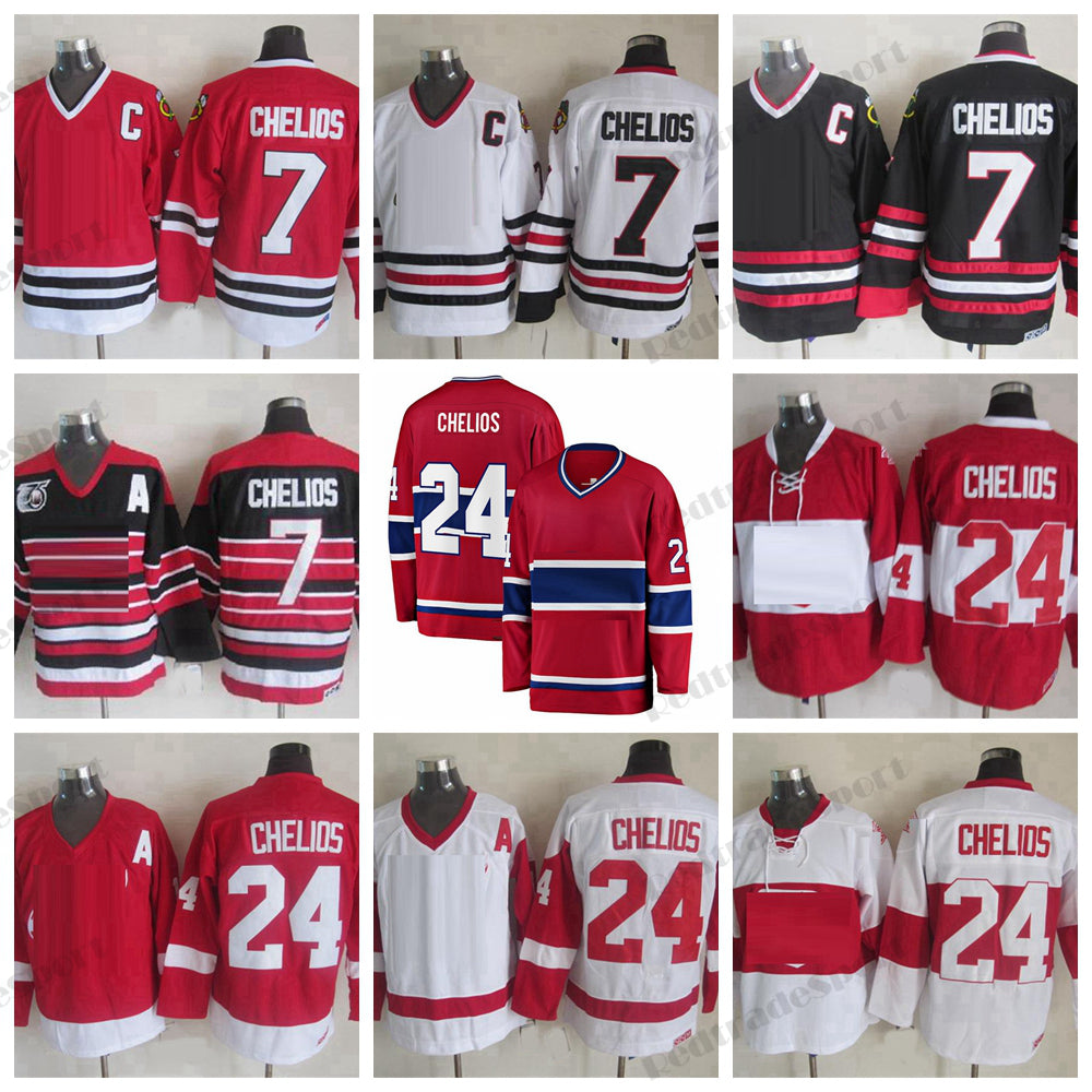 Retro Chris Chelios #7 Hockey Jerseys Vintage 1992 Mens Red Black #24 Classic Stitched Shirts 75th C Patch