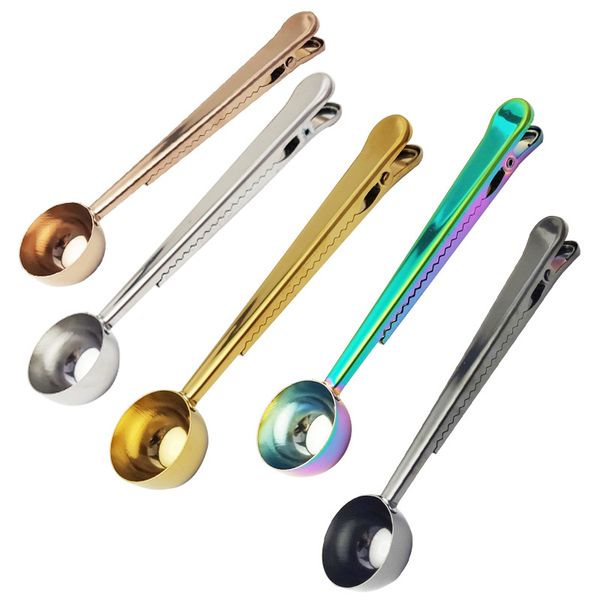 Stainless Steel Coffee Scoops Measuring Spoon With Sealing Clip Kitchen Baking Scale Milk Powder Round Spoon 5 Colors