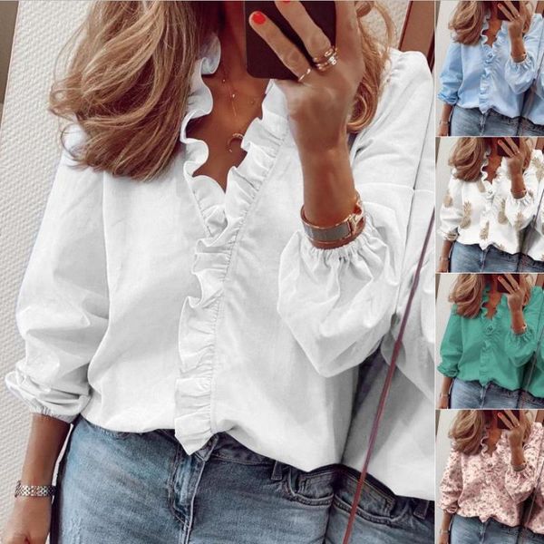 Blouses & Shirts Spring Summer Long-sleeved Ruffled Vneck Women&#039;s Ruffle ing Letter Print Blouse Tops Femme Blusas Y2k Top