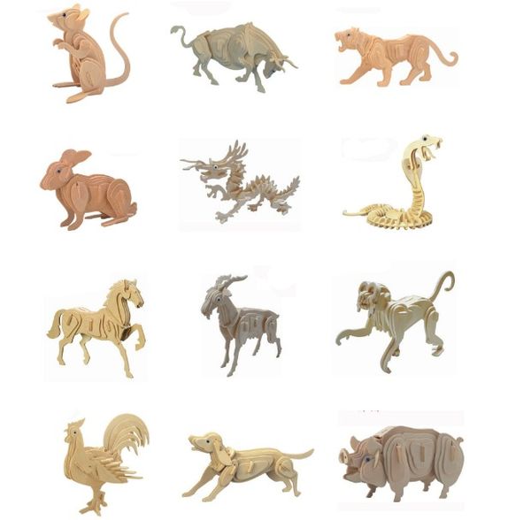 Kenken Puzzle Hogwarts Wholesale 12 Chinese zodiac signs 3d three-dimensional wooden animal jigsaw puzzle toys for children diy handmade woo