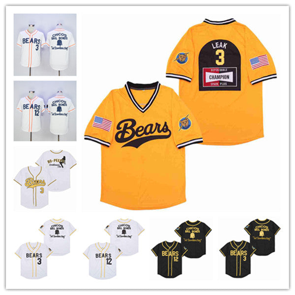 Men The Bad News Bears 12 Tanner Boyle 3 Kelly Leak Jersey 1976 Chico&#039;s Bail Bonds Movie Baseball Jerseys White Black Yellow Size S-XXXL