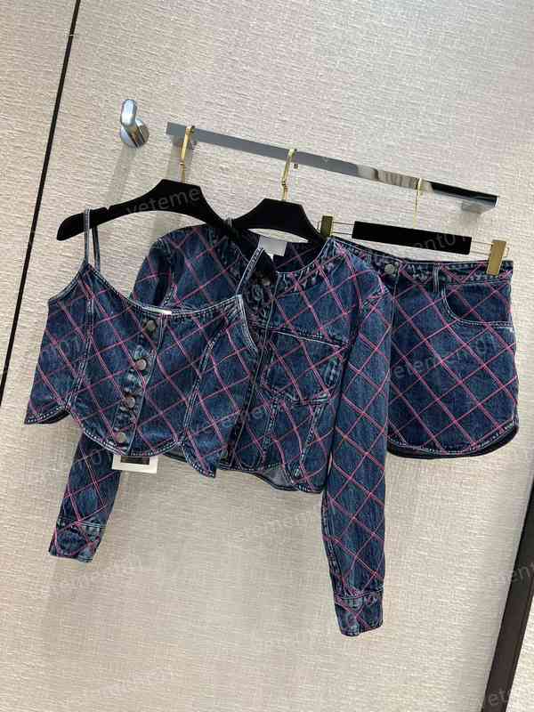 Womens Jacket Two Pieces Pants Fashion Brands Washed Embroidered Diamond Stripe Denim Jackets Tracksuits Designer Women Jackets Tanks Shorts 3 Piece