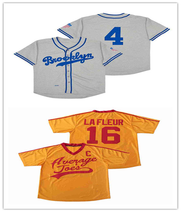 Men 1945 Babe Herman #4 Brooklyn Retro Baseball Jerseys Stitched Grey Yellow Pete LaFleur 16 Average Joe&#039;s Dodgeball Jersey